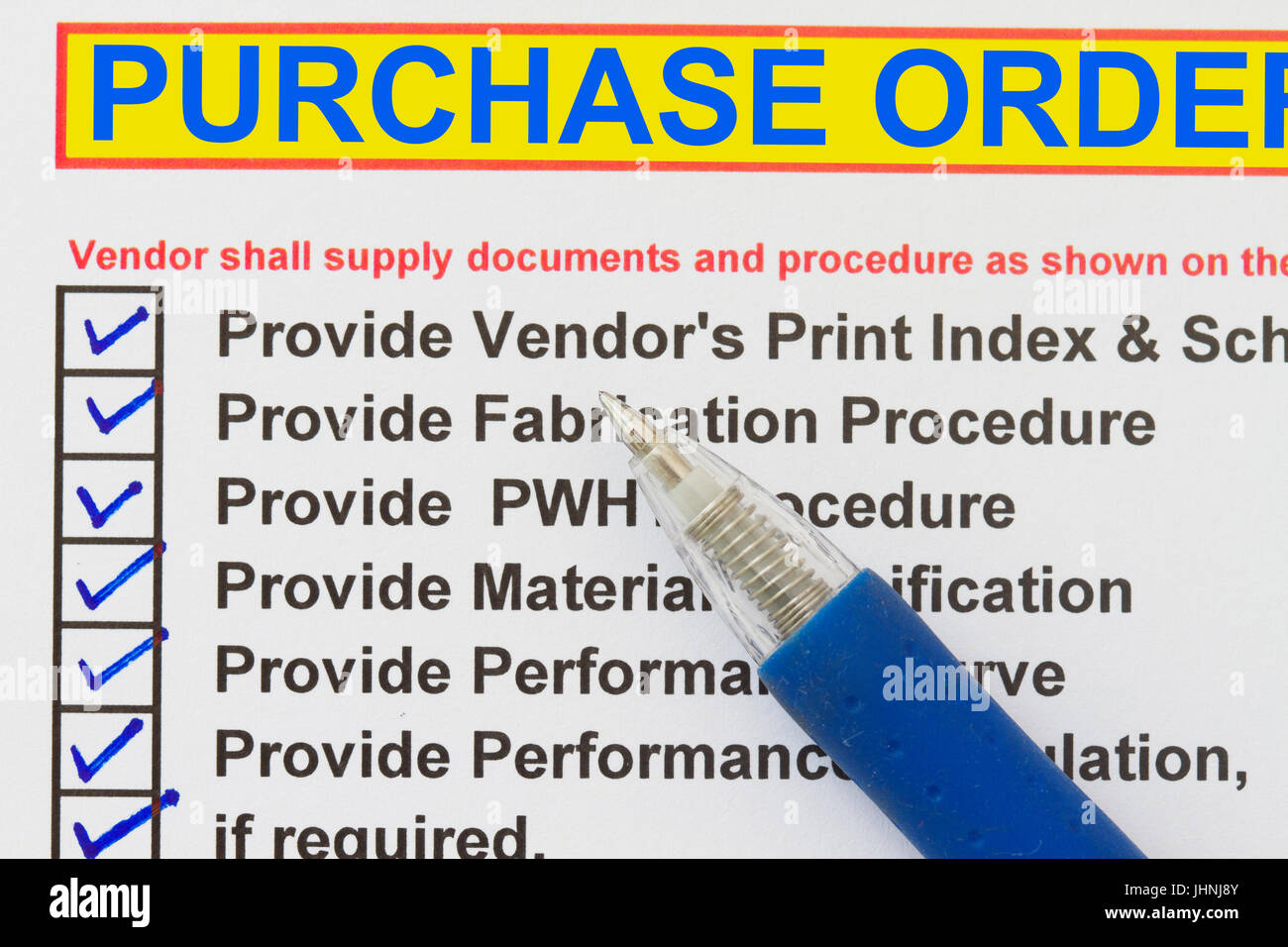 Requisiti per gli ordini di acquisto documento checklist- molti usi nell'industria petrolifera e del gas. Foto Stock