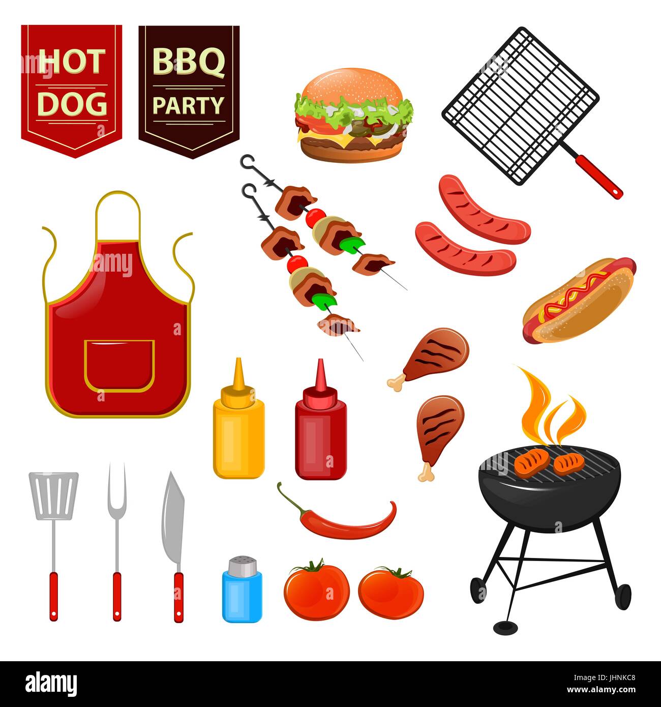 Estate barbecue party. Set di icone di piatto con pollo alla griglia cosce di pollo disossate, hot dog, di carne e le salse illustrazione vettoriale Illustrazione Vettoriale