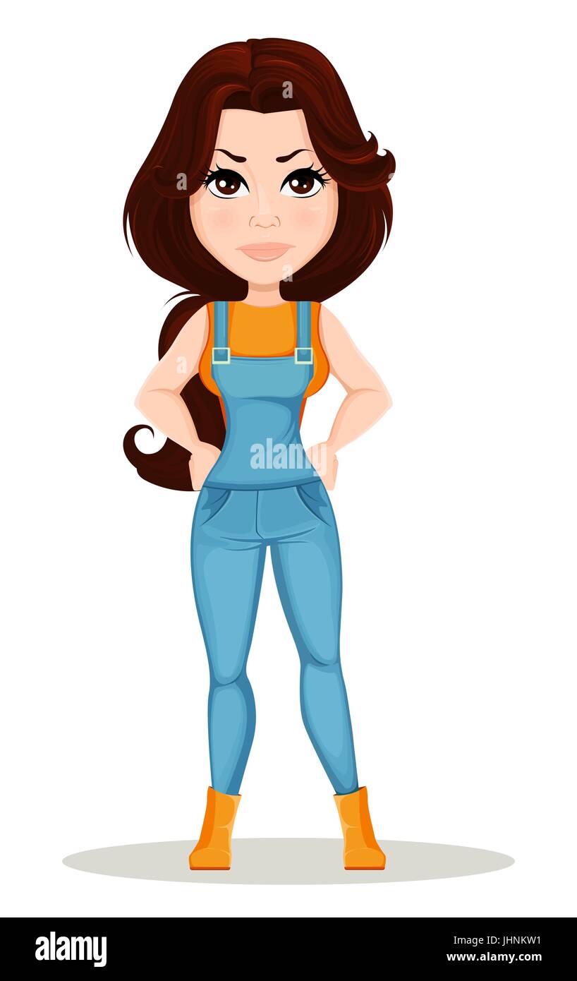 Agricoltore ragazza vestita in tuta di lavoro. Simpatico personaggio dei fumetti che mostra la rabbia. Utilizzabile per animazione, come elemento di design e in qualsiasi azienda progetti correlati. D Illustrazione Vettoriale