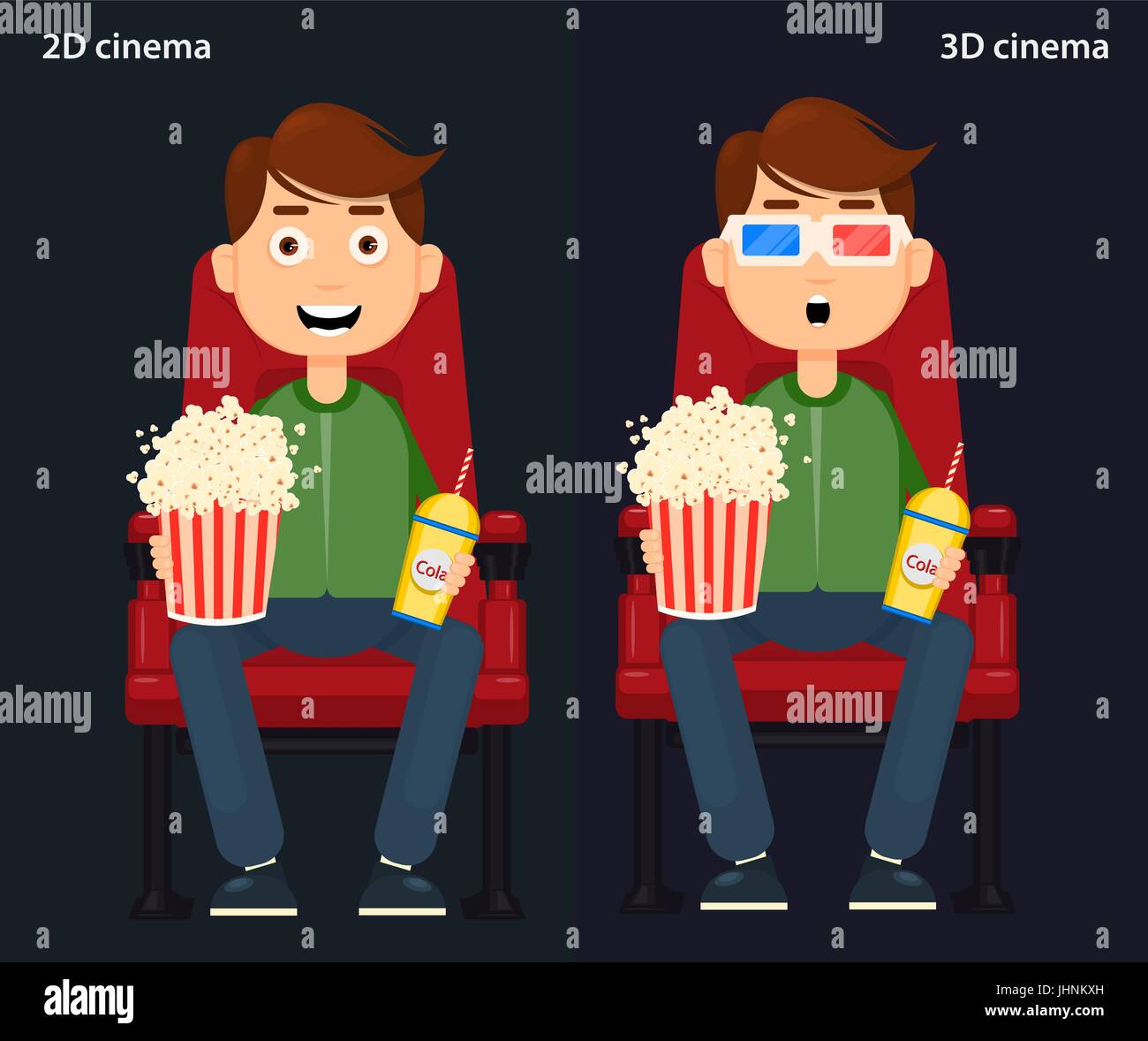 Uomo seduto al cinema e la visione di un film in 2D e il cinema 3D. Colorata illustrazione vettoriale, di tipo piatto, EPS10 Illustrazione Vettoriale