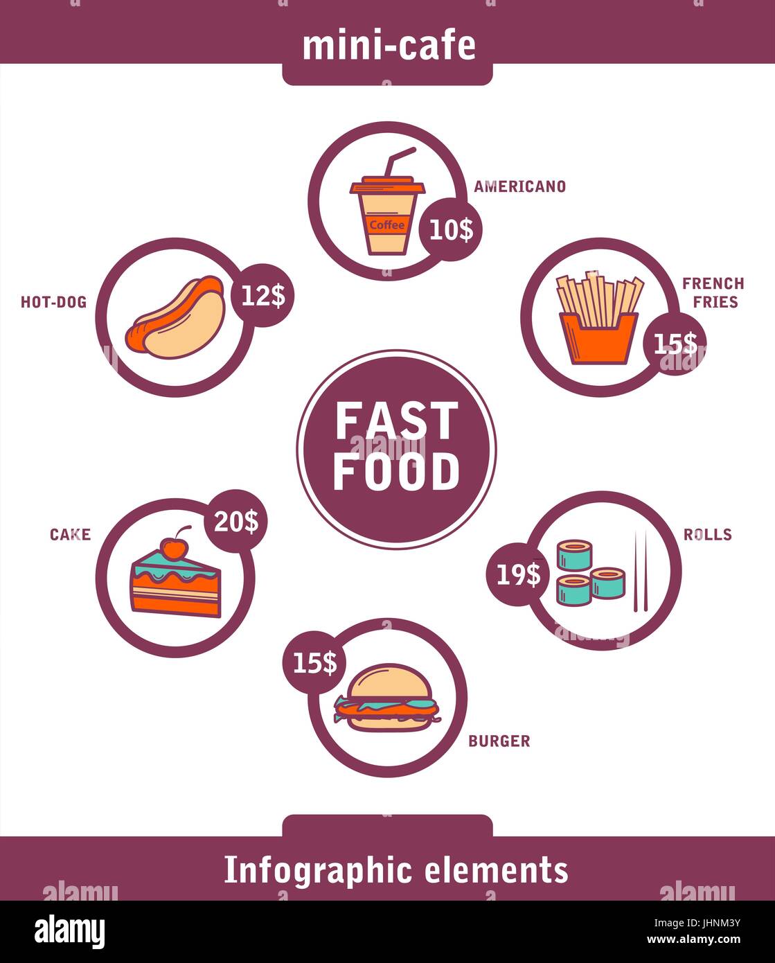 Illustrazione vettoriale di fast food set infographics burger rotoli patatine fritte torta Illustrazione Vettoriale