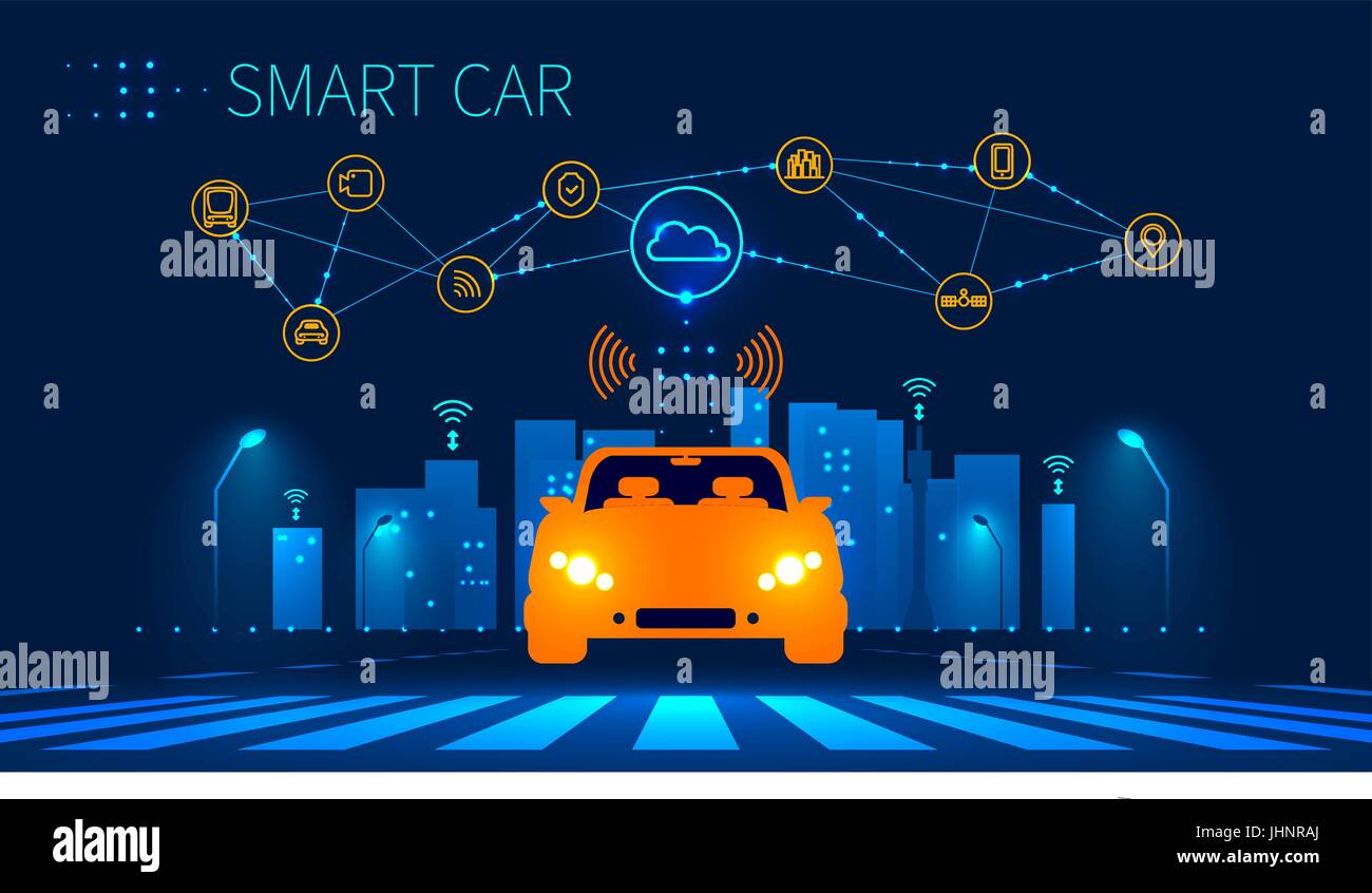 Smart Auto connessione alla rete wireless con smart city. Smart Veicolo e tecnologia automobilistica. Icone delle infrastrutture della città. Taxi Future Concept. Vec Illustrazione Vettoriale