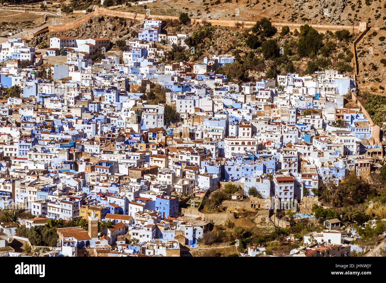 Vista aerea dell'antica medina Chefchaouen, Nord del Marocco Foto Stock