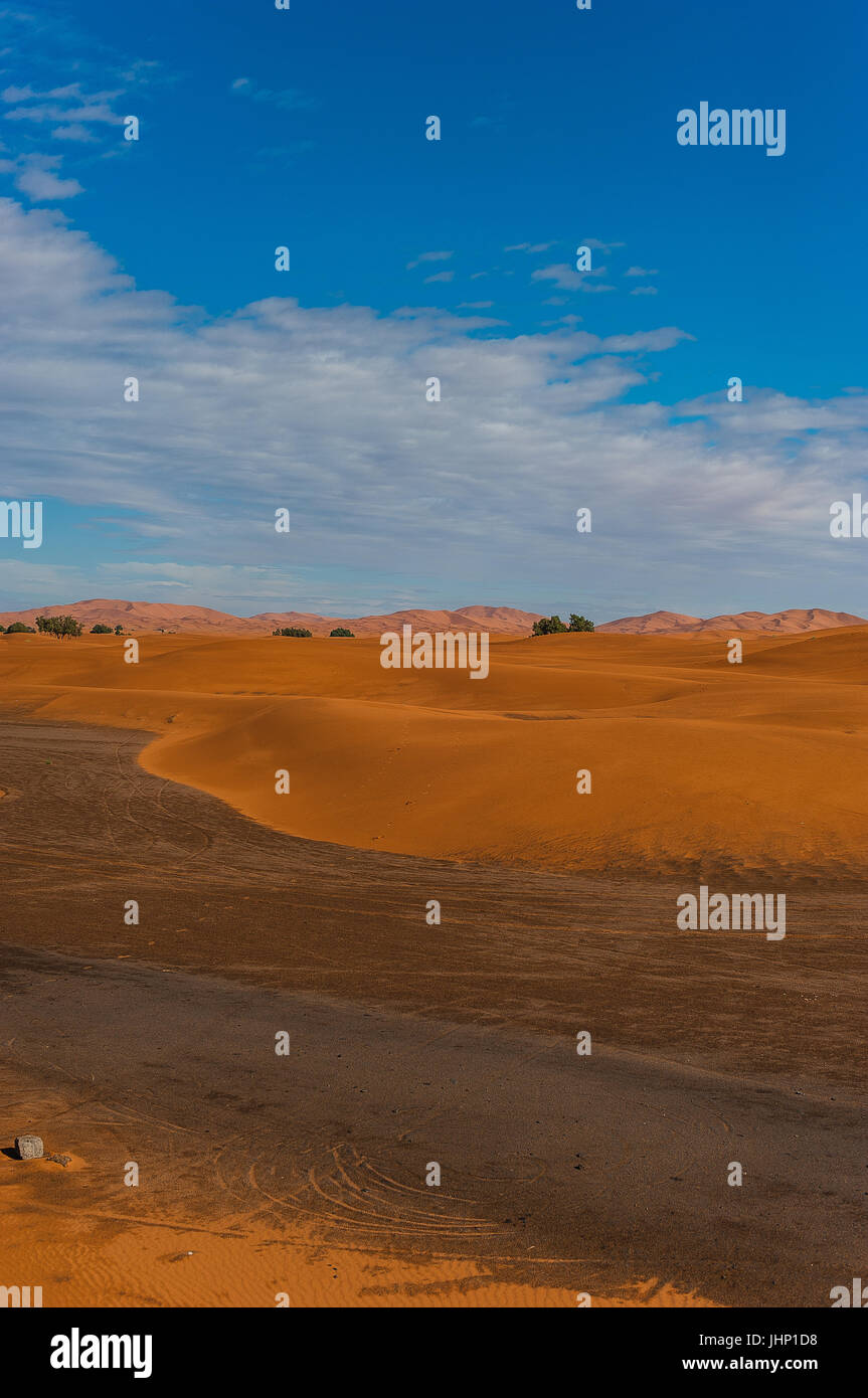 Vista dalle dune di Merzouga città in Marocco, Africa Foto Stock