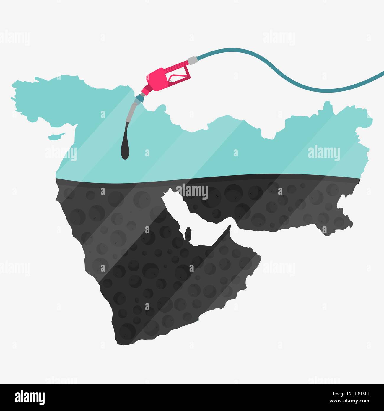 Mappa del Medio Oriente essendo alimentato da olio. Pompa del gas alimentato mappa. Sulla mappa vi è la riflessione di vetro. Concettuale. La produzione di olio o di paesi importatori. Illustrazione Vettoriale