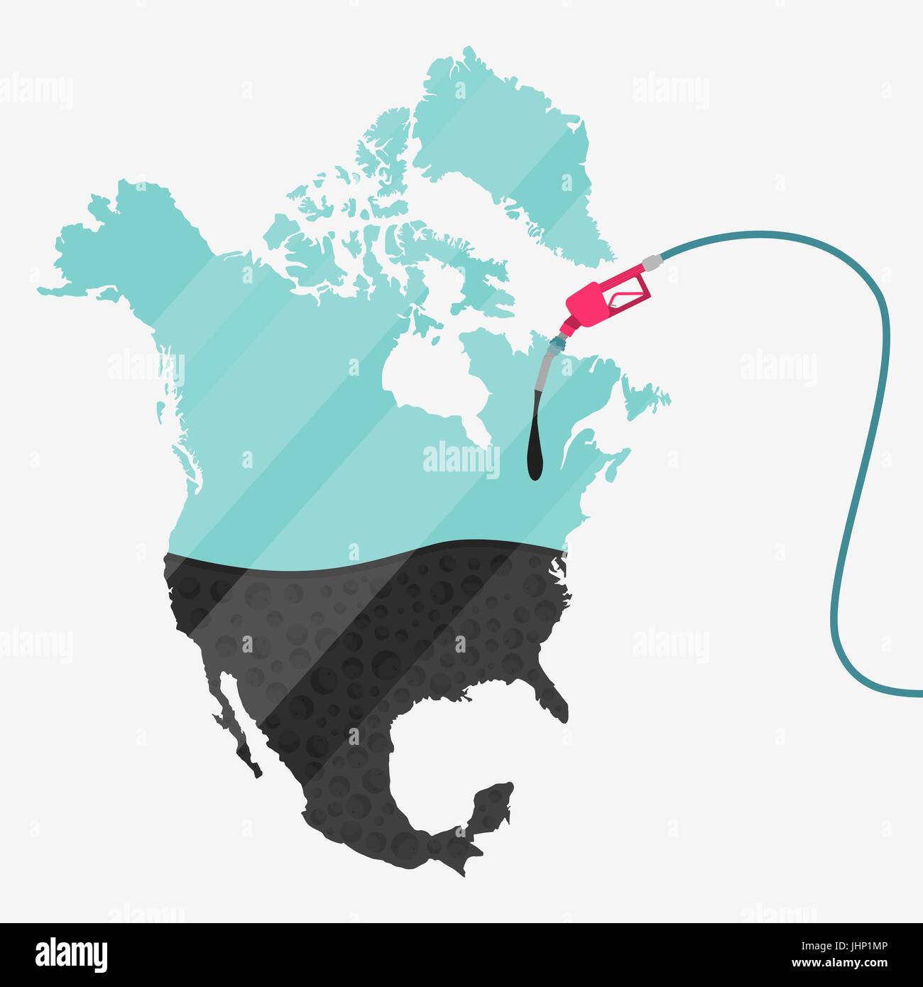 Mappa del Nord America essendo alimentato da olio. Pompa del gas alimentato mappa. Sulla mappa vi è la riflessione di vetro. Concettuale. La produzione di olio o di paesi importatori. Illustrazione Vettoriale