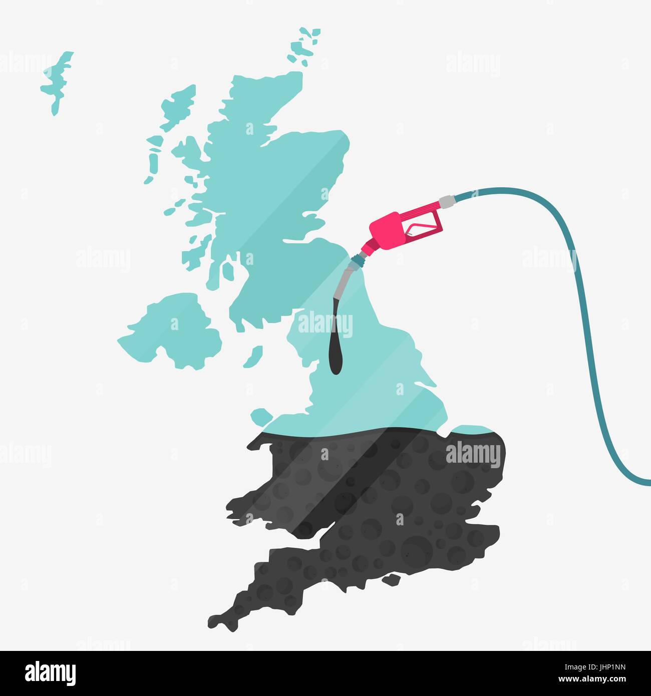 Mappa di Regno Unito essendo alimentato da olio. Pompa del gas alimentato mappa. Sulla mappa vi è la riflessione di vetro. Concettuale. La produzione di olio o di paesi importatori Illustrazione Vettoriale