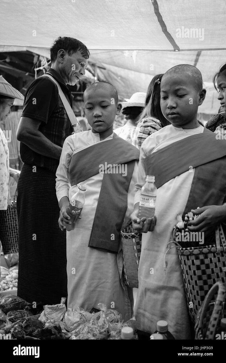 Yangon, Myanmar - 17 Ott 2015. Le monache buddiste al mercato Bogyoke a Yangon, Myanmar. Yangon è il paese più grande città con una popolazione al di sopra di sev Foto Stock