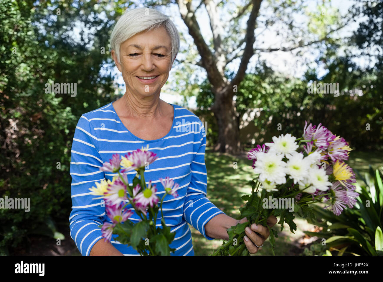 Sorridente donna senior guardando i fiori freschi in cortile Foto Stock