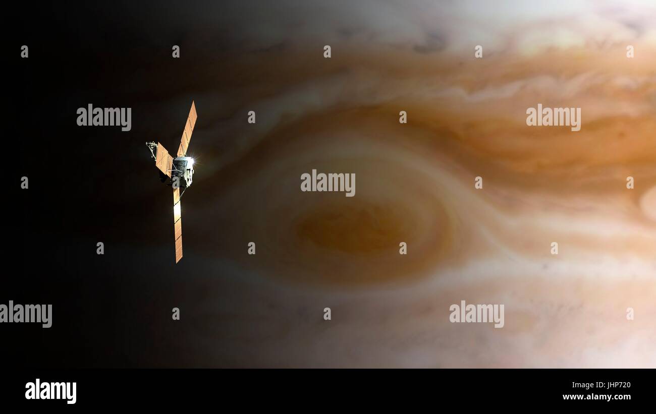 Juno navicella spaziale al di sopra di Giove grande macchia rossa. Computer illustrazione della NASA Juno navicella spaziale su Giove la pole. Juno è stata lanciata nel 2011 su un periodo di cinque anni di volo a Giove. A differenza delle precedenti missioni di Giove, utilizza pannelli solari (tre array visto qui). Foto Stock