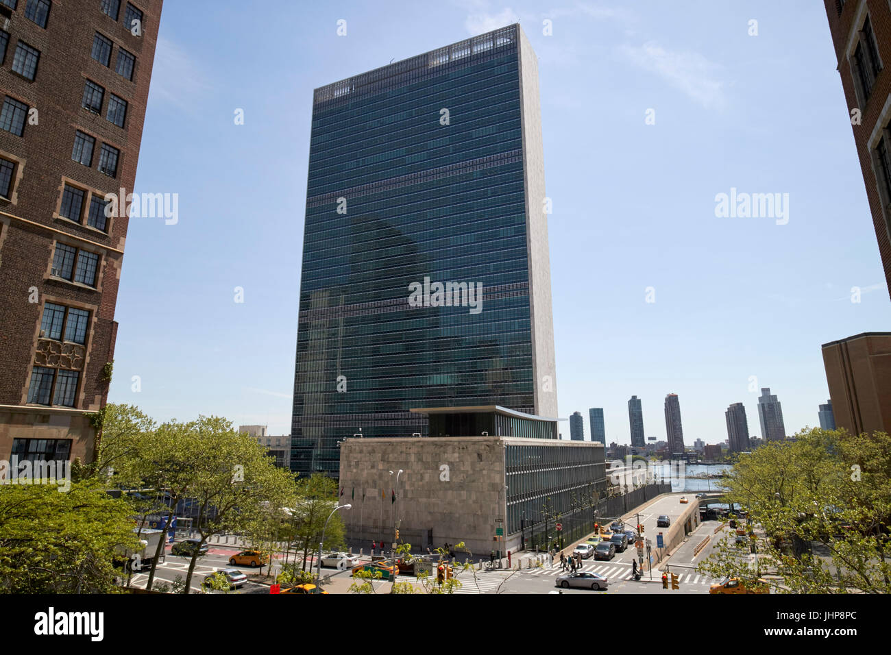 Segretariato delle Nazioni Unite la torre e Dag Hammarskjold library edifici delle Nazioni Unite di New York City STATI UNITI D'AMERICA Foto Stock