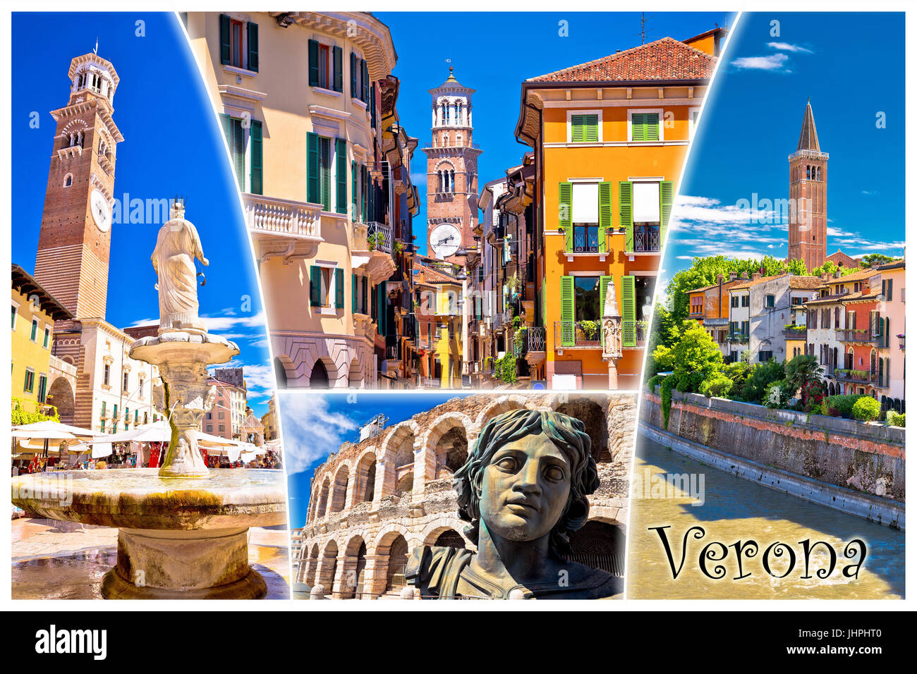 Verona punti di riferimento turistici cartolina con etichetta, regione italiana Veneto Foto Stock