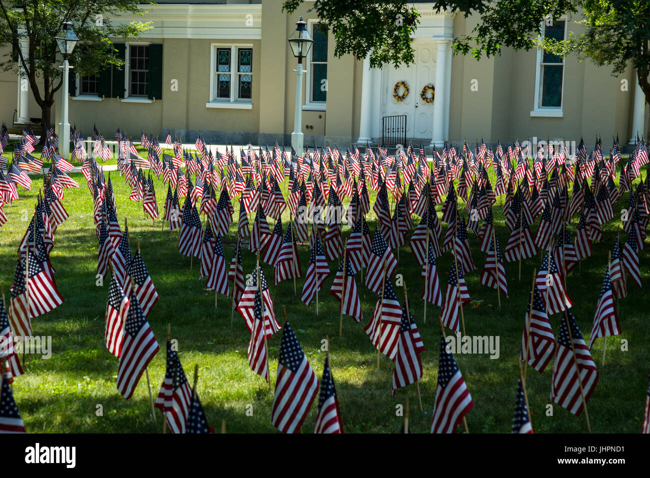 Lititz PA - Luglio 4, 2017: USA flag su un display patriottico al Moravian Manor in Lancaster County, Pennsylvania. Foto Stock