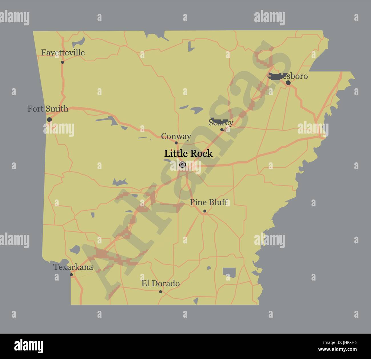 Dettagliata Arcansas esatta vettore dettagliata mappa di stato con l'assistenza della Comunità e attiva le icone originali giallo pastello illustrazione con strade principali. U Illustrazione Vettoriale