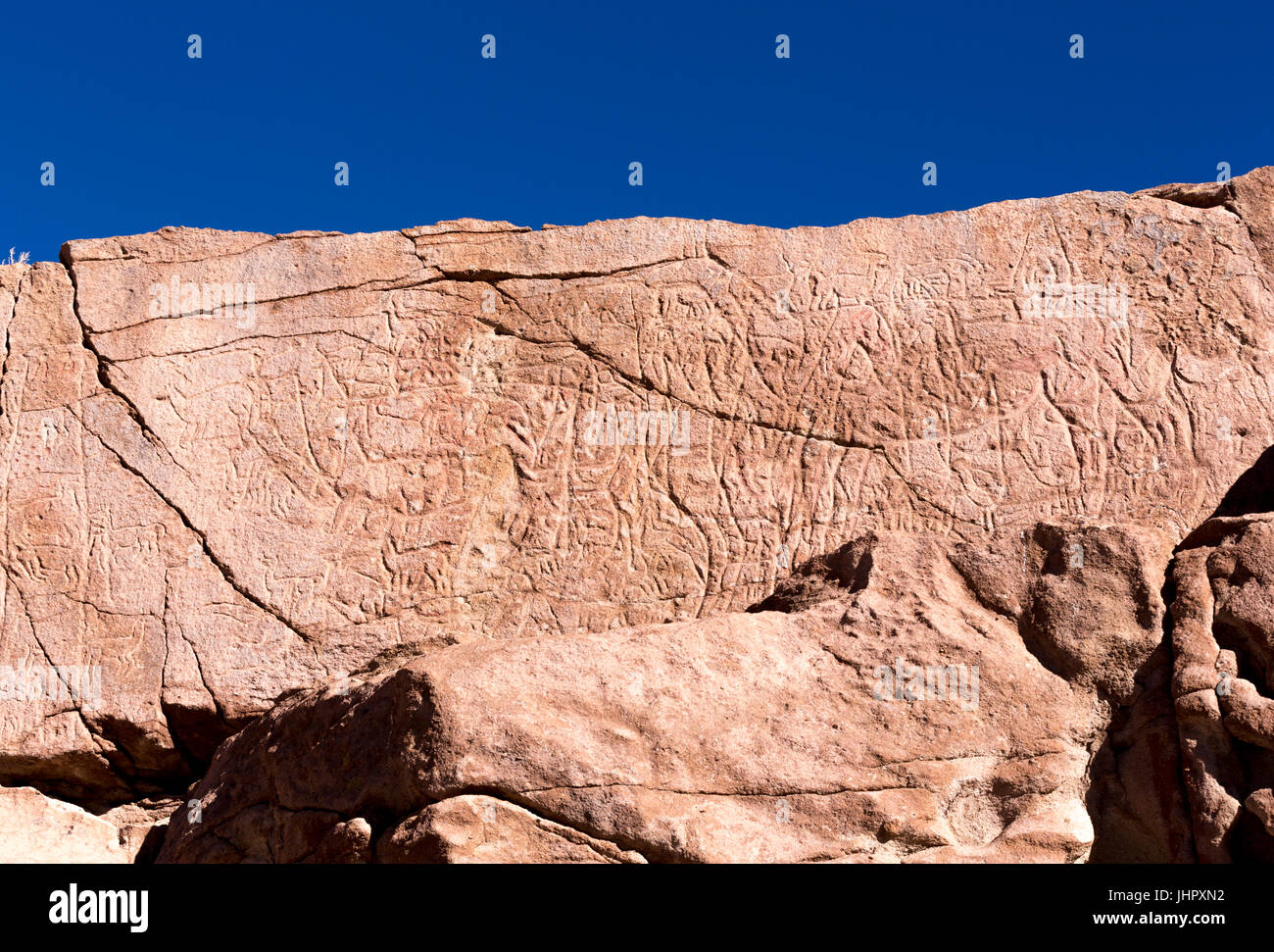Antiche incisioni rupestri sulle rocce al Yerbas Buenas nel deserto di Atacama nel Cile Foto Stock