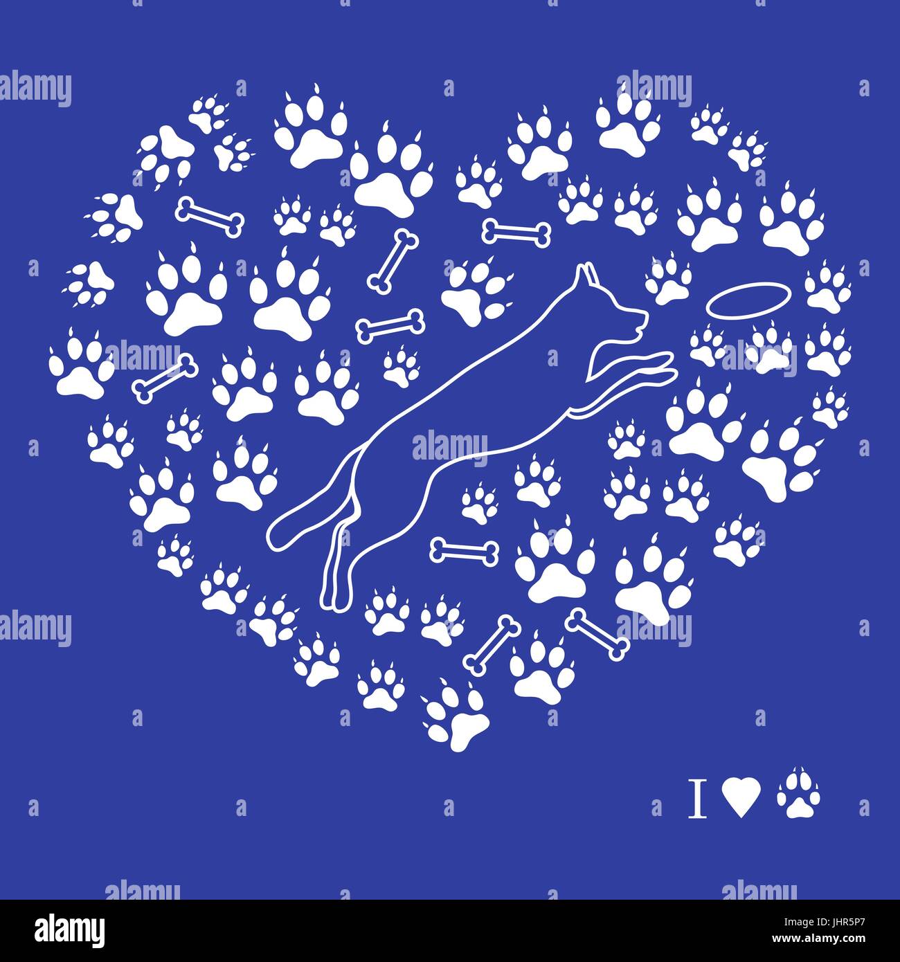 Bella immagine del cane di salto silhouette su uno sfondo di cane le vie e le ossa in forma di cuore su uno sfondo colorato. Illustrazione Vettoriale