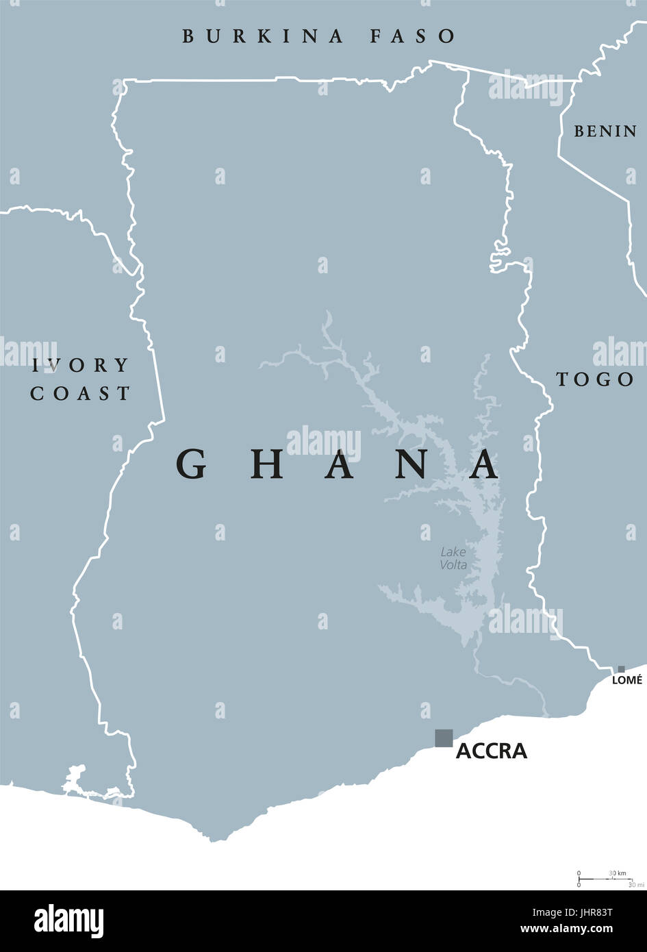 Ghana mappa politico con la capitale Accra. Repubblica e paese in Africa occidentale lungo il Golfo di Guinea e Oceano Atlantico. Illustrazione di grigio. Foto Stock