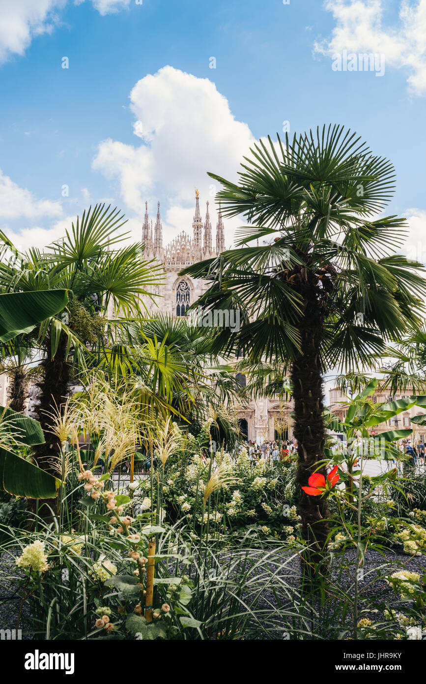 Milano Duomo con palme, cielo blu in una giornata di sole Foto Stock