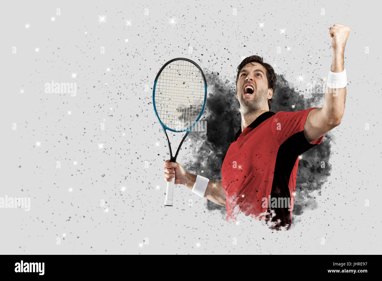 Giocatore di tennis con un rosso uniforme di fuoriuscita di un getto di fumo . Foto Stock