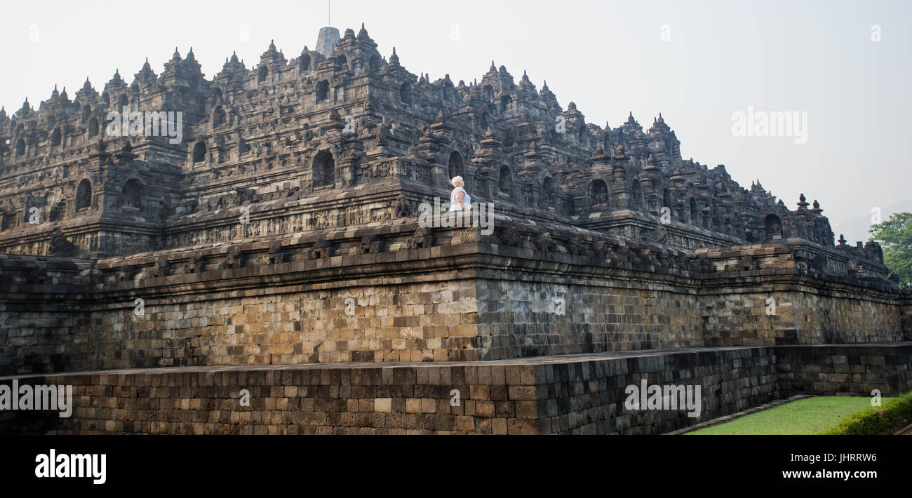 Vista panoramica di Borobudur tempio Buddista Java Centrale Indonesia. Foto Stock