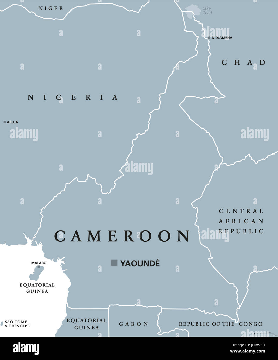 Camerun mappa politico con capitale Yaoundé, i confini internazionali e vicini di casa. Repubblica e paese in Africa centrale. Illustrazione di grigio. Foto Stock