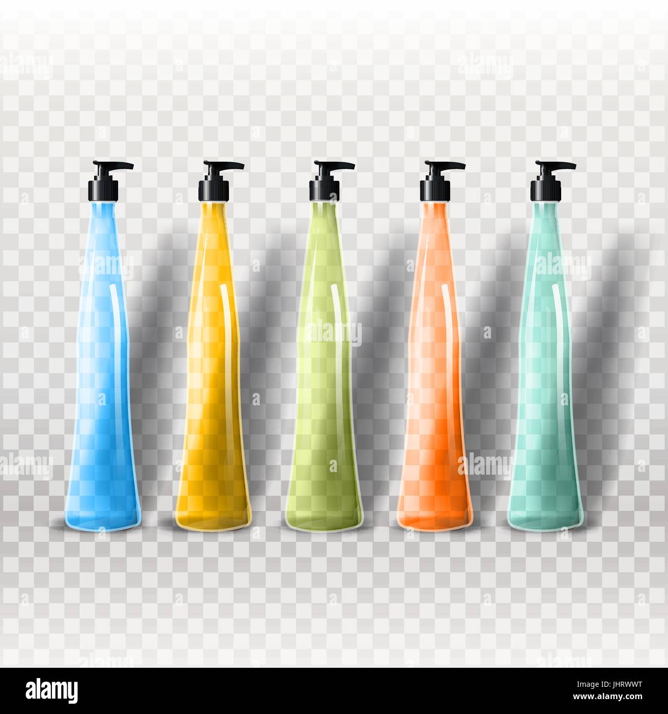 Mockup modello per il branding e il design dei prodotti. Isolato realistico bottiglie in vetro trasparente con erogatore spray e design esclusivo. Illustrazione Vettoriale