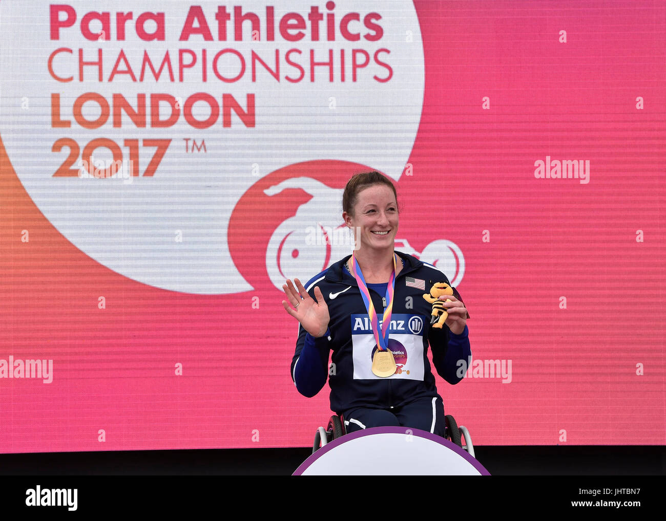 Londra, Regno Unito. 16 Luglio, 2017. alla vittoria Cerimonie durante il mondo Para atletica campionati, Londra 2017, a Londra Stadium di domenica. Credito: Taka G WuAlamy Live News Foto Stock