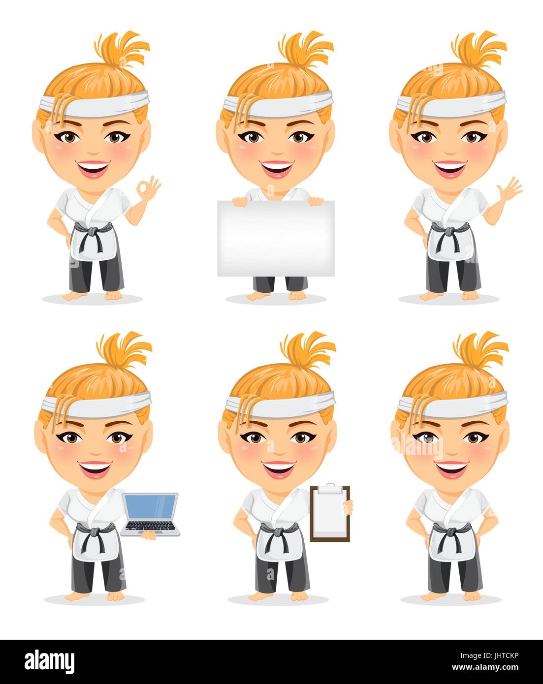 Il Karate donna in kimono. Sorridente divertente personaggio dei fumetti con grande testa. Serie di illustrazioni vettoriali. Illustrazione Vettoriale