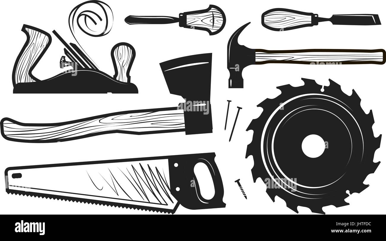 Carpenteria Falegnameria icone. Set di strumenti come ax, seghetto, martello, RUSPA, disco sega circolare, taglierine. Illustrazione Vettoriale Illustrazione Vettoriale