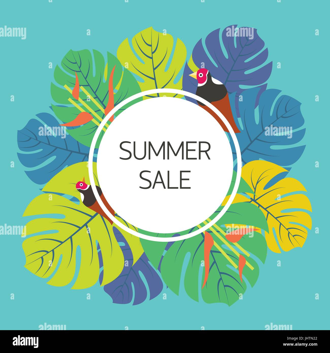 Estate vendita illustrazione vettoriale modello per pubblicità con colorate tropicali foglie di palme, fiori, uccelli esotici su sfondo blu Illustrazione Vettoriale