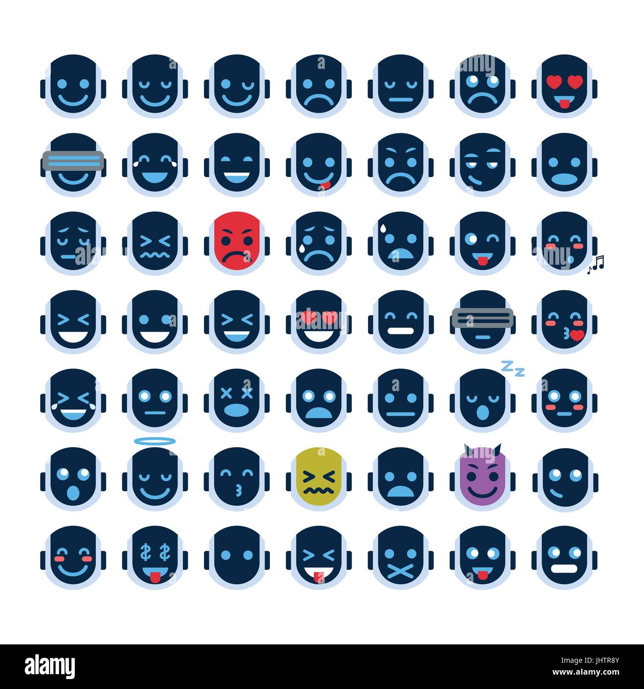 Robot faccia set di icone di volti sorridenti emozione diversa collezione Emoji robotica Illustrazione Vettoriale