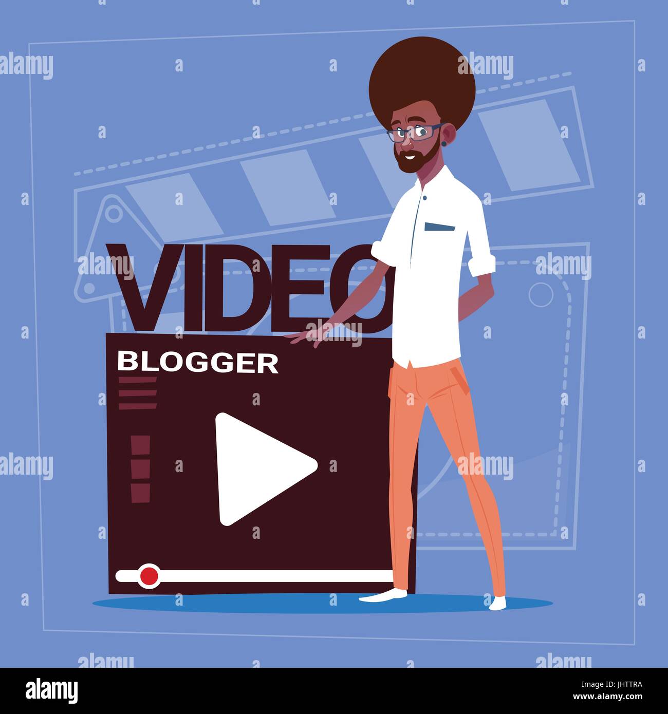 African American Man Over Vlogger schermata di canale video moderni Blogger Vlog creatore Illustrazione Vettoriale