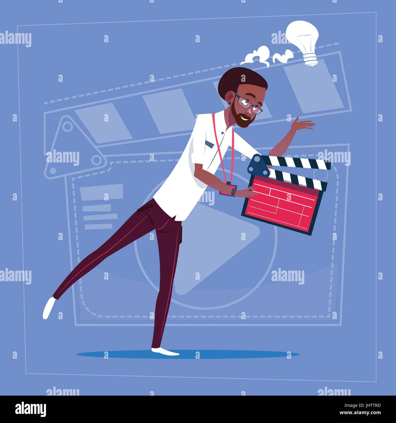 African American uomo Azienda Clapperboard Video moderni Blogger Vlog creatore canale Illustrazione Vettoriale