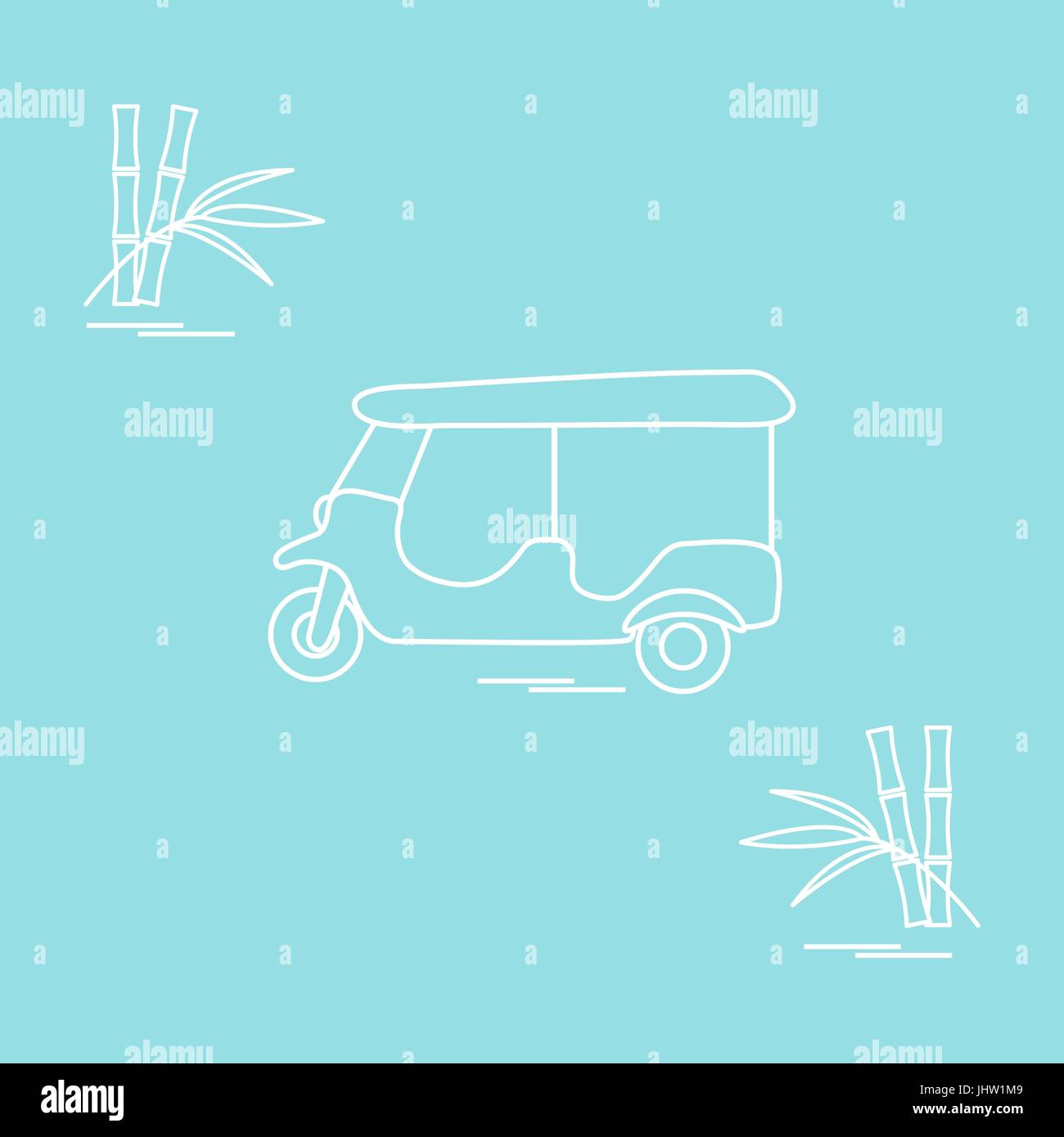 Icona stilizzata di tuk-tuk e bambù. Taxi tradizionali in Thailandia, India. Design per banner, poster o di stampa. Illustrazione Vettoriale