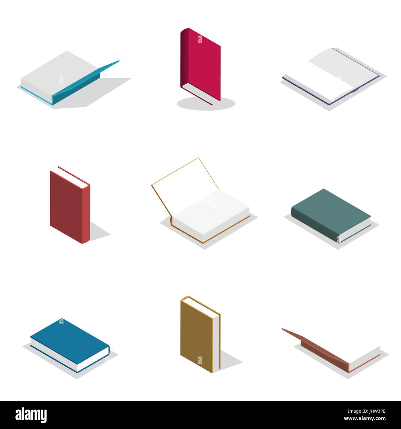 Set di icone, raccolta di libri vari isolati su sfondo bianco. Elementi di progettazione di materiali stampati. Appartamento 3D isometrica stile, illustra il vettore Illustrazione Vettoriale