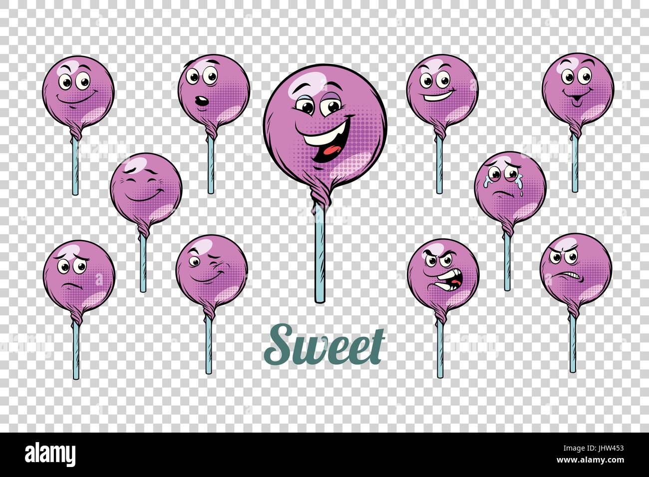 Round Lollipop candy emozioni caratteri insieme di raccolta. Neutro isolato sfondo. Il retro del libro di fumetti cartoon in stile pop art illustrazione vettoriale Illustrazione Vettoriale
