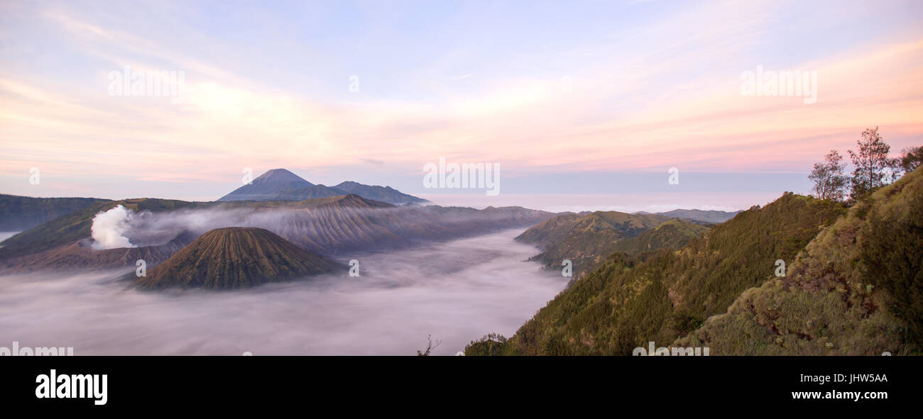 Vista panoramica del Monte Bromo e il Monte Semeru vulcani attivi in Giava Est Indonesia. Foto Stock