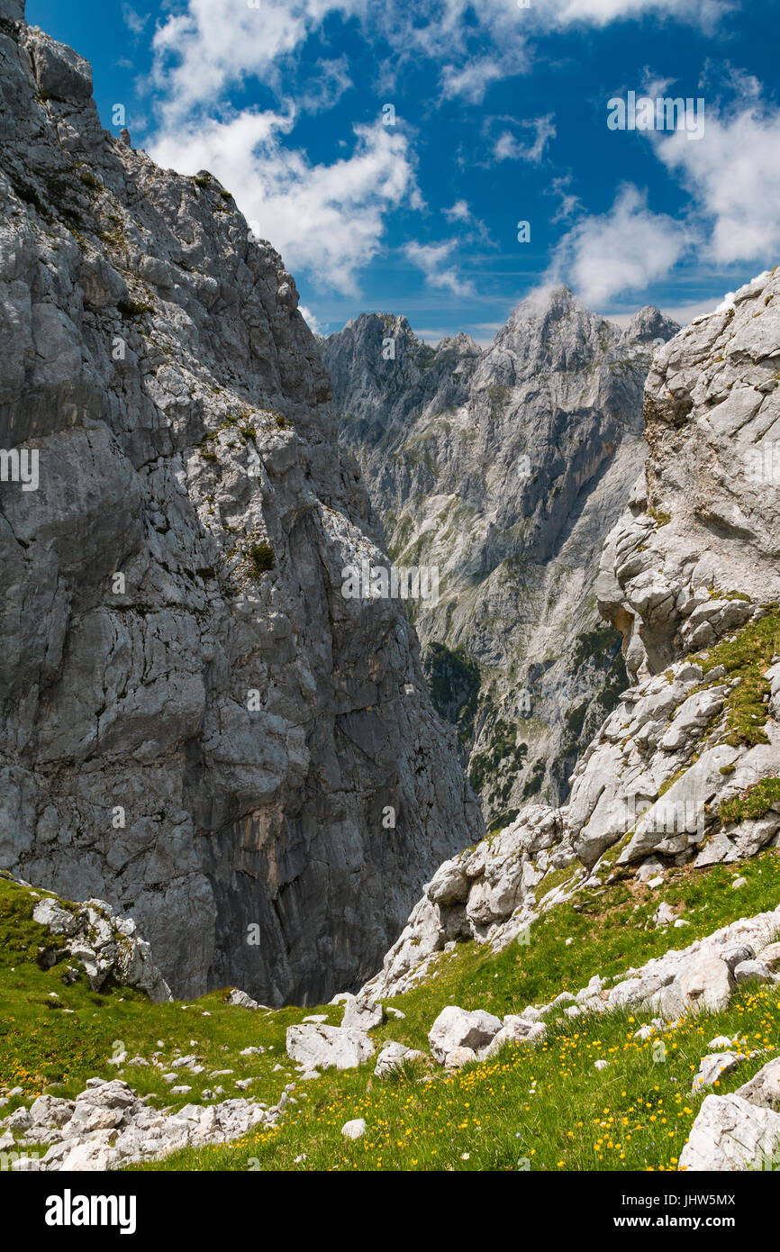 Vista da Osterfelder Kopf, Germania verso il basso nella stretta valle Hoellental canyon nella zona Zugspitze. Foto Stock