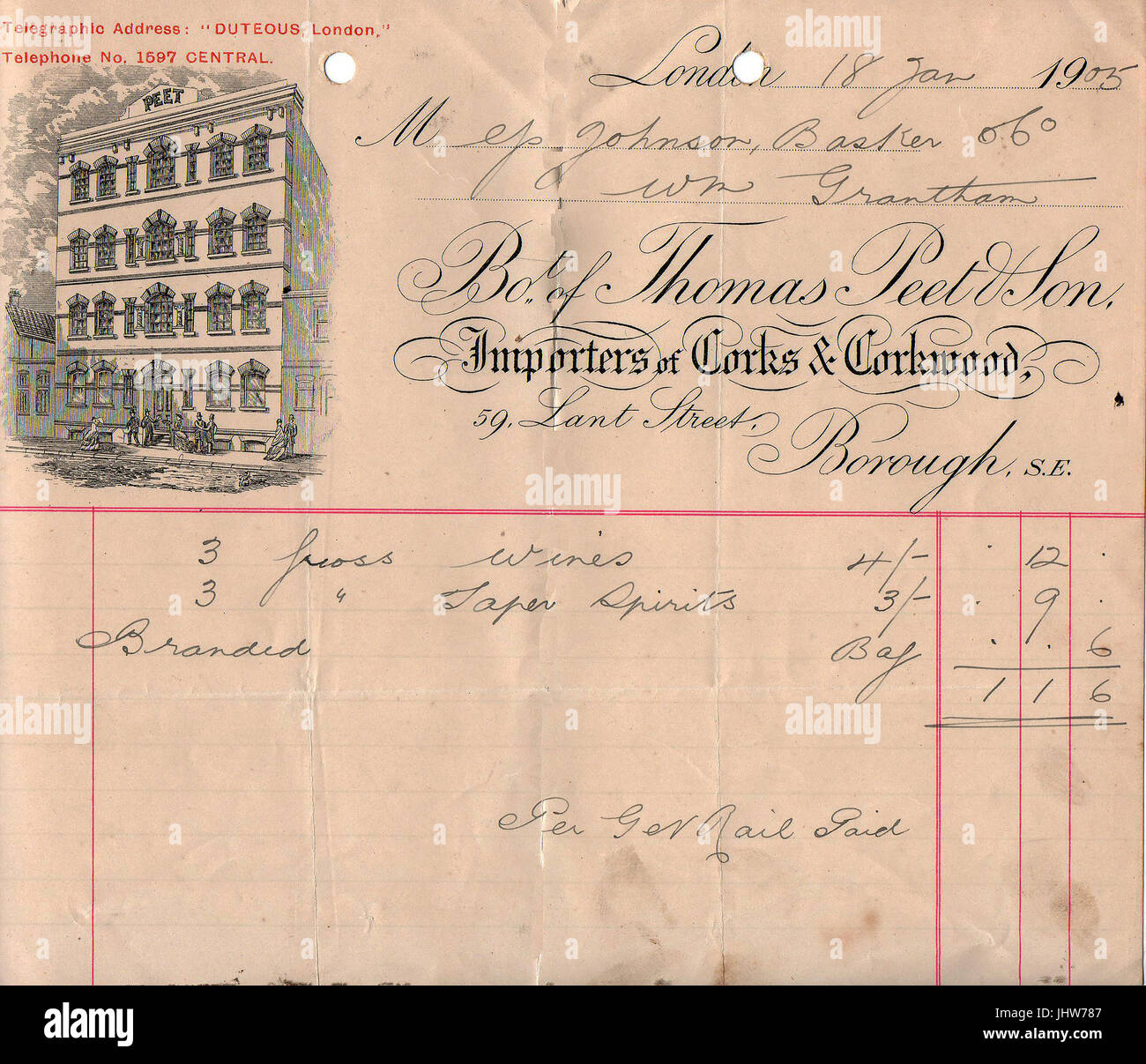 Carta intestata /billhead -Thomas Peet, Londra - Cork importatori e fabbricanti 1905 Foto Stock