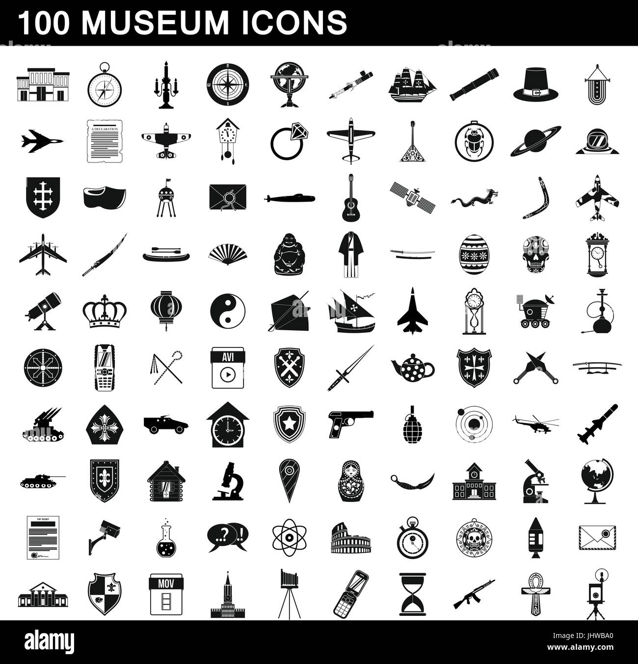 Museo 100 set di icone, stile semplice Illustrazione Vettoriale