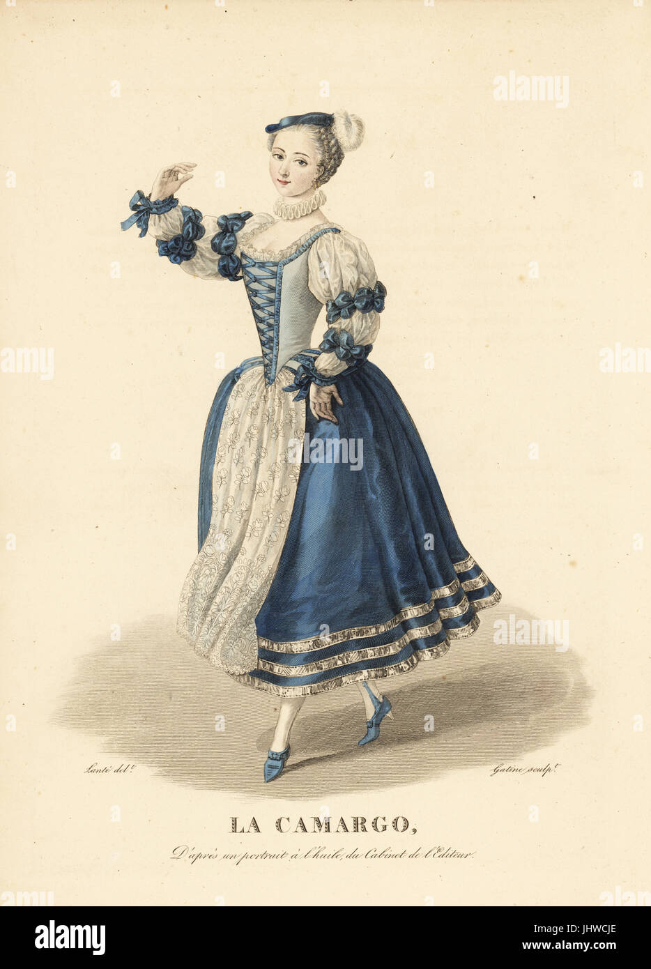 Marie Anne Cuppi, Mlle. La Camargo, famosa ballerina, 1710-1770. Indossa una piccola calotta, ruff collare, abito con corpino allacciato, pizzo manicotti legata con nastri, grembiule e vitello-lunghezza gonna e a tacco alto scarpe. Dopo un ritratto in oli nell'editor della collezione. Handcolored incisione su rame di Georges Jacques Gatine dopo una illustrazione di Louis Marie Lante da Galerie Francaise de Femmes Celebres, Parigi, 1827. Foto Stock