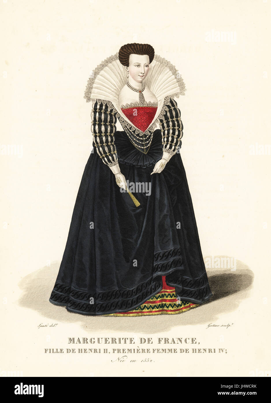 Margherita di Valois, Marguerite de France, figlia del re Enrico II, prima moglie del re Enrico IV, 1552-1615. Ritratto dal 1572 mostra il suo in alta montante collare in pizzo, il tribunale spagnolo ha vestito con corsetto, vertugadin o farthingale, collana di perle, manicotti barrato, e rosso ricamato petticoat. Handcolored incisione su rame di Georges Jacques Gatine dopo una illustrazione di Louis Marie Lante da Galerie Francaise de Femmes Celebres, Parigi, 1827. Foto Stock