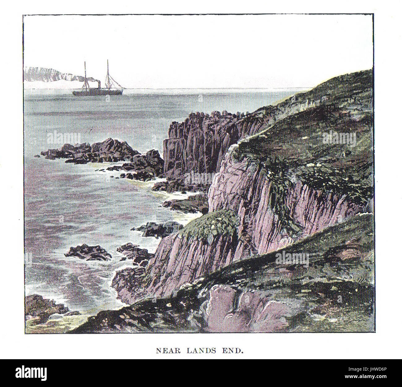 1920 disegno colorato della nave a vapore passando Land's End cornwall Foto Stock
