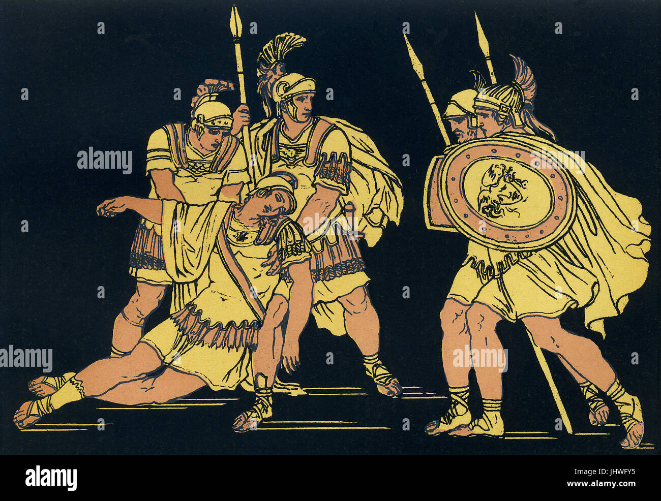 Lausus era il figlio del re etrusco Mezentius. Egli ha combattuto contro Enea e i suoi seguaci scampato Troy dopo i Greci conquistarono Troia e bruciato la città. Il racconto di questi guerrieri appare nell'Eneide di Virgilio. Dopo Enea Mezentius ferite in battaglia, Lausus proviene per la difesa di suo padre e di Enea poi colpisce entrambi. Questa illustrazione da circa 1900 mostra Enea subito dopo l uccisione Lausus, quando egli esprime rammarico per Lausus' compagni per ciò che egli ha appena fatto. Foto Stock
