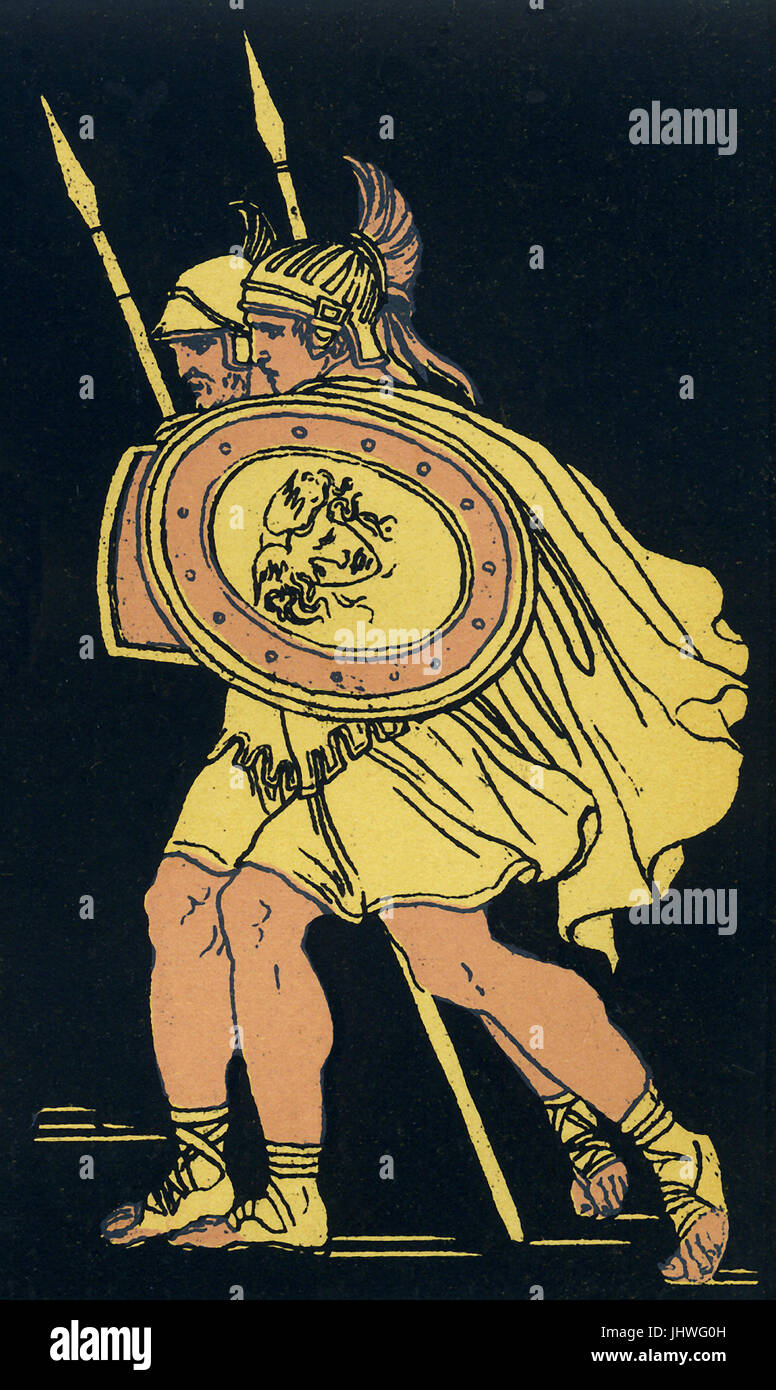 Lausus era il figlio del re etrusco Mezentius. Egli ha combattuto contro Enea e i suoi seguaci scampato Troy dopo i Greci conquistarono Troia e bruciato la città. Il racconto di questi guerrieri appare nell'Eneide di Virgilio. Dopo Enea Mezentius ferite in battaglia, Lausus proviene per la difesa di suo padre e di Enea poi colpisce entrambi. Questa illustrazione da circa 1900 mostra Enea, accompagnato da un compagno soldato, giusto prima che egli uccide Lausus. Foto Stock