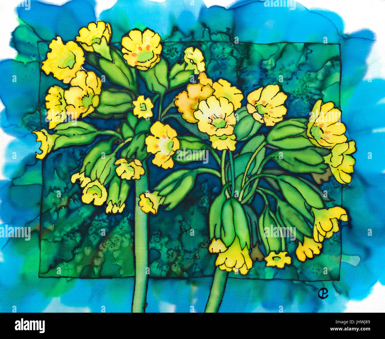Fotografia di pittura su seta di cowslips, utilizzando vapore tinture fissate da Paula Chapman. Foto Stock