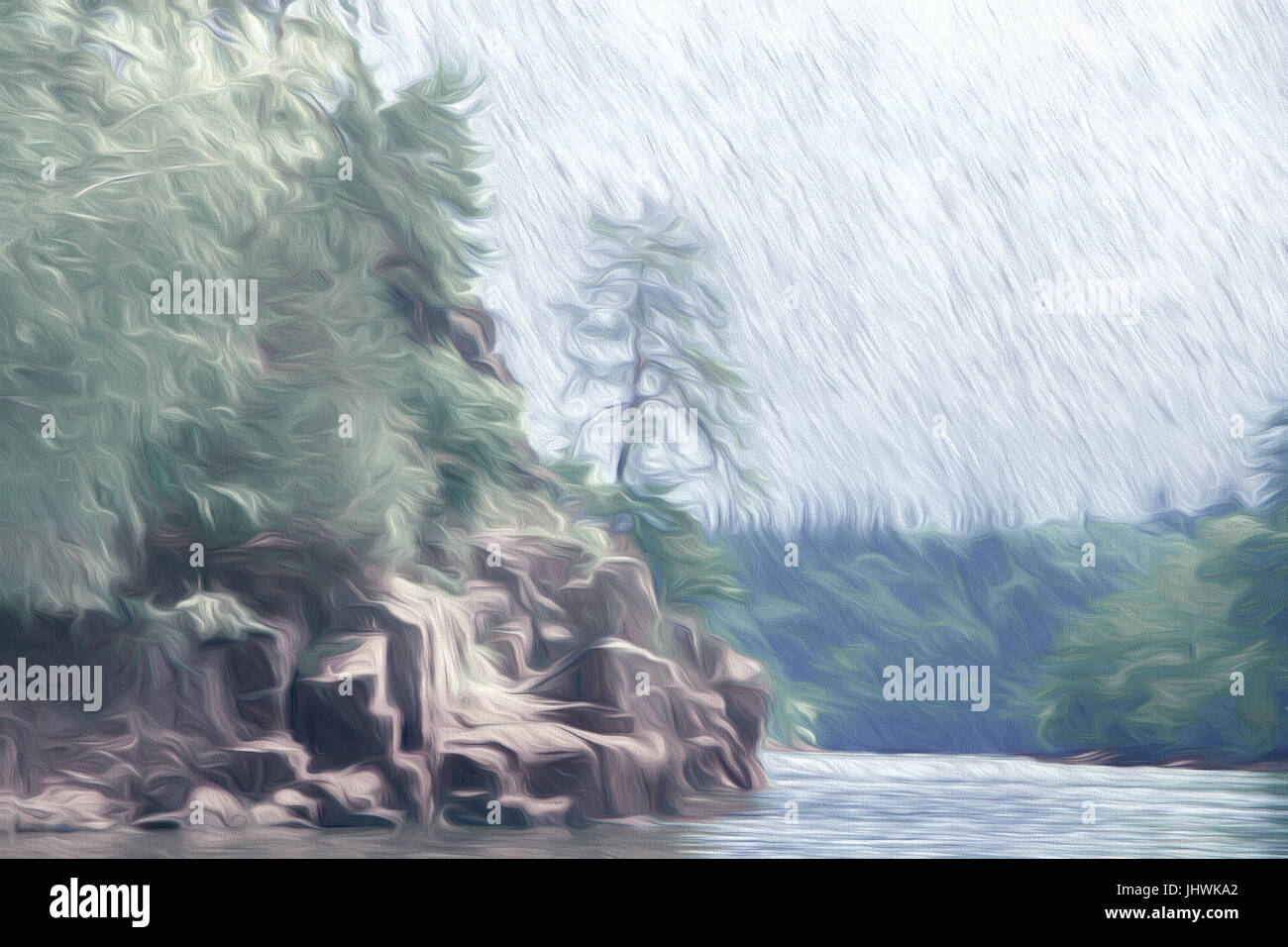 Il paesaggio del lago, pittura digitale illustrazione in stile impressionista Foto Stock