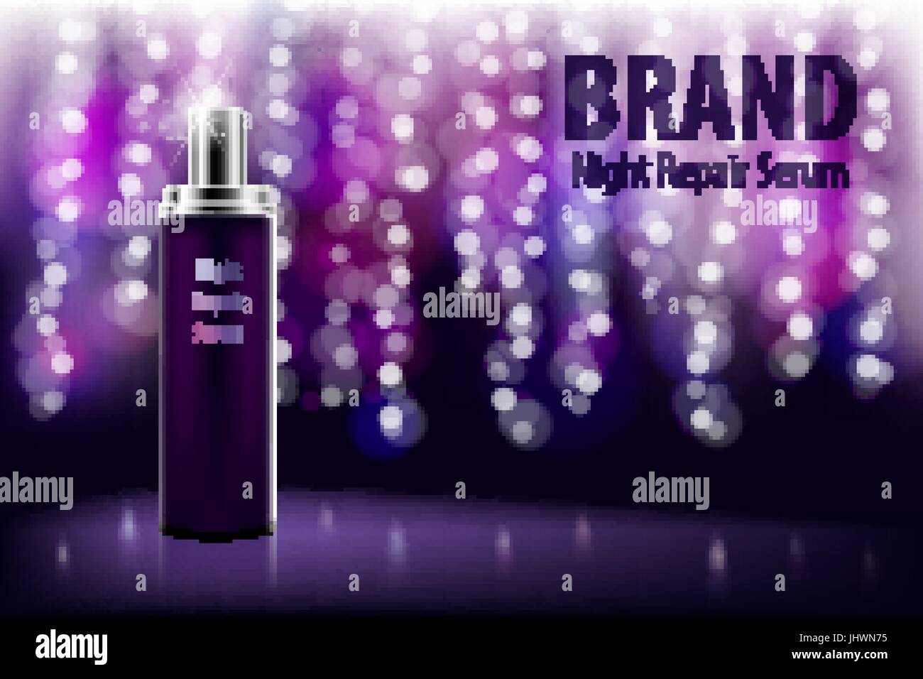 Idratante cosmetici prodotti di marca. Shiny violet notte siero di riparazione bottiglia su uno sfondo scuro con soft bokeh di fondo. Vettore 3D bottiglia traslucido illustrazione. Illustrazione Vettoriale