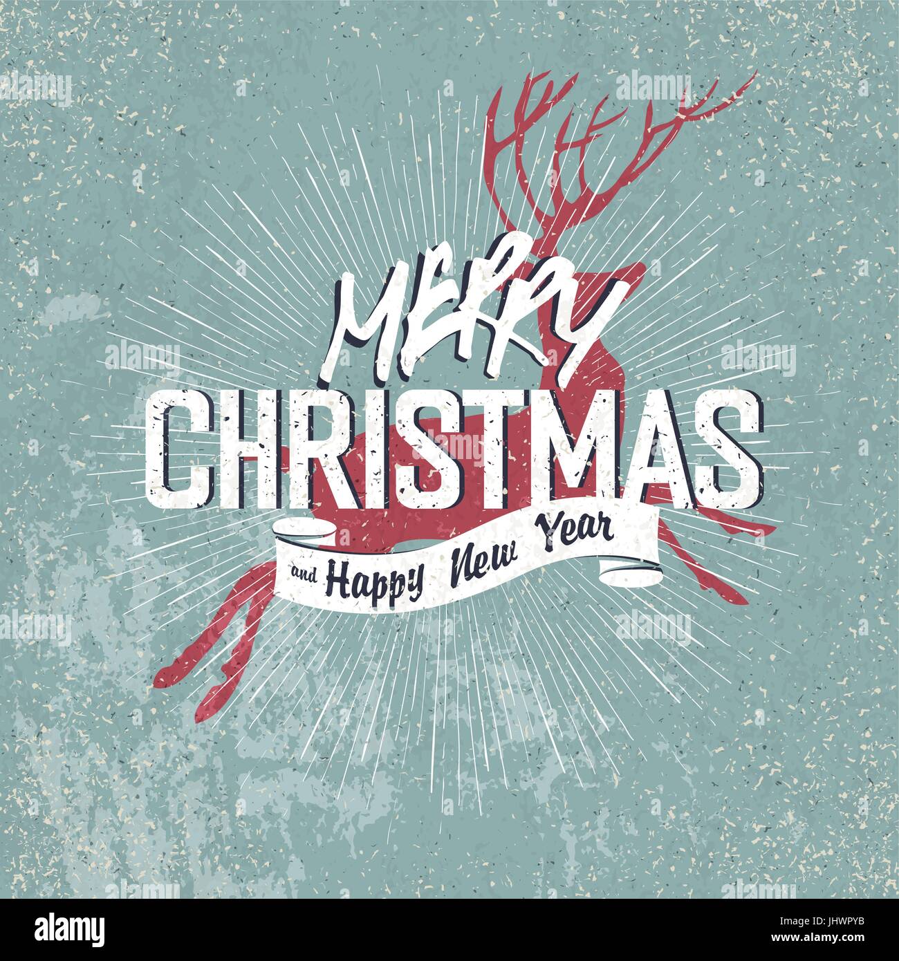 Buon Natale Vintage Lettering con Natale cervi silhouette blu su sfondo invecchiato con i raggi Illustrazione Vettoriale
