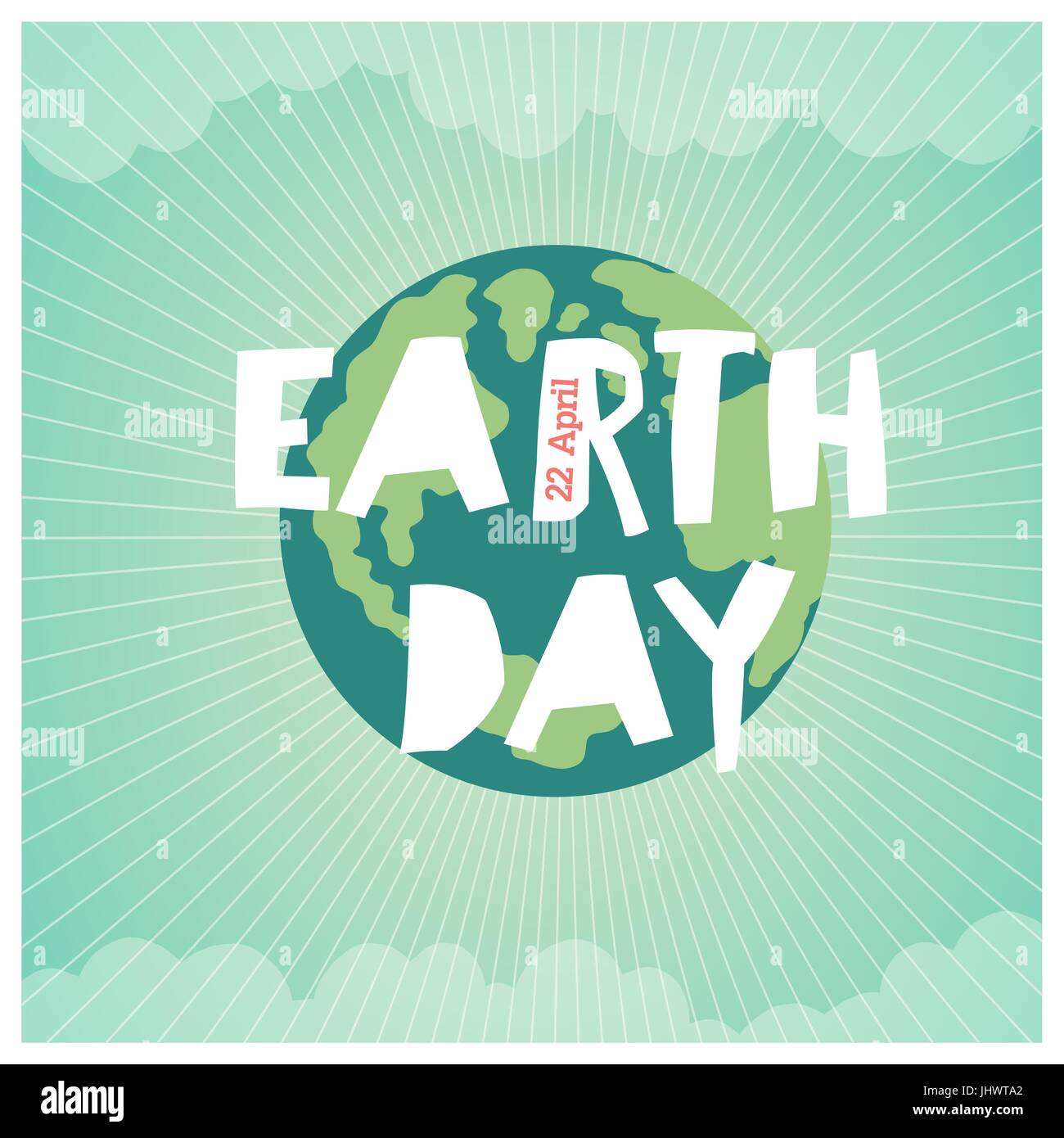 Cartoon terra illustrazione. Pianeta sorriso e tenere premuto banner con 'Save Me' parole. Vintage Earth Day Poster. Raggi, nuvole, cielo. Testo sul nastro bianco. Su o Illustrazione Vettoriale